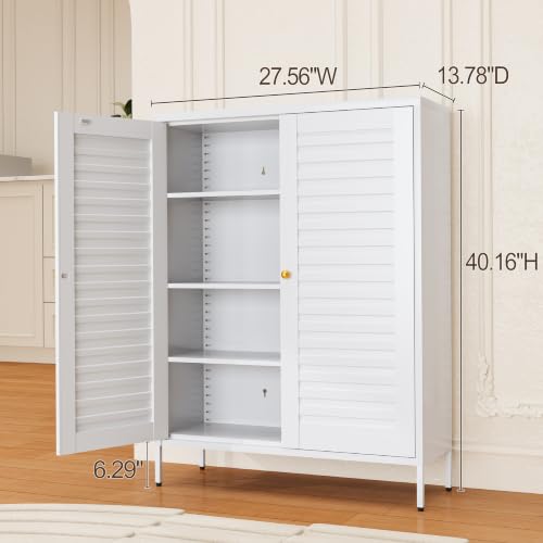 Image of 40 inch Kitchen Pantry Cabinet, Entryway Storage Cabinet, White | Heavy Duty Metal, Fluted Doors, 3 Adjustable Shelves, 5-Tier, Modern, Multi-Purpose for Living Room, Office, Apartment