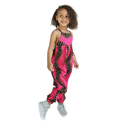 Combinaison Sarouel Fille Combinaison traditionnelle enfants bretelles dos nu filles sans manches 1-6Y barboteuse Style enfant en bas âge africain Ankara filles barboteuse (Hot Pink, 5-6 Years)