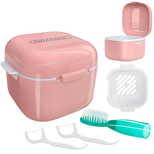 DIDATOOL Ferula Dental, Caja Dentadura Postiza, Baños para Dentadura, Estuche para Guardar la dentadura con Cesta de Enjuague Extraíbley Cepillo de Dientes para los Dedos (Rosa)