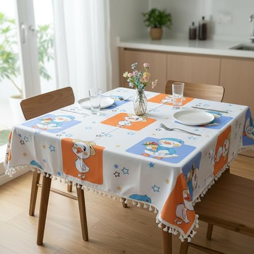 Image of LORETO - A QUALITY LINEN BRAND 100% Pure Cotton Table Cover with Boho Tassels (48 x 48 Inch) - Square Tablecloth for Square Dining Table, Playful Ducks on Creamy Beige