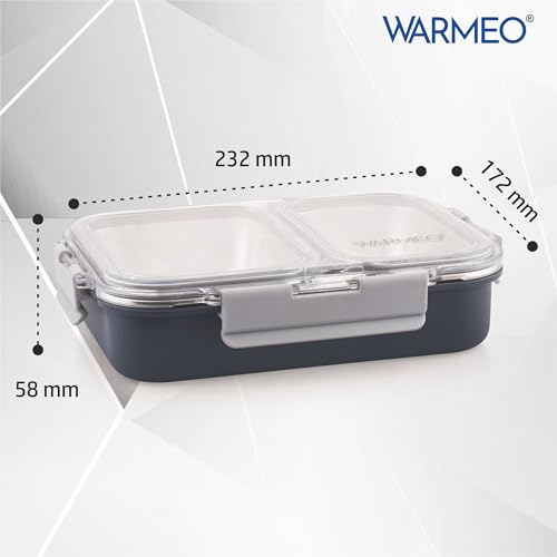Image of WARMEO BENTO Microwave-Safe Stainless Steel Lunchbox with 2 compartments,bpa Free,Perfect for Office, School, Travelling, 750ml-Grey