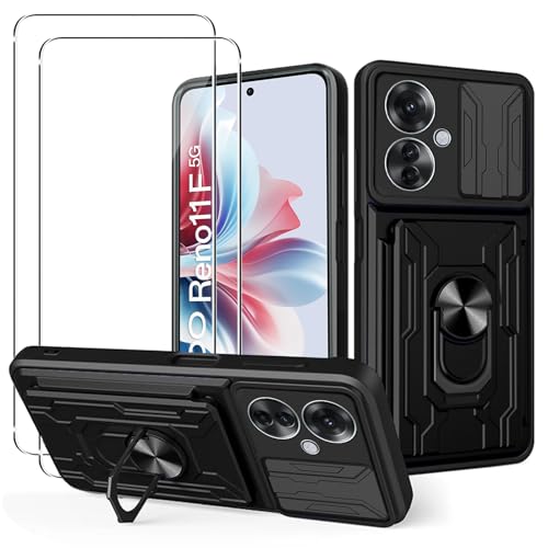 MEMELOKA Cover per OPPO Reno 11F 5G/OPPO Reno 11 F 5G con Vetro Temperato, Rigida PC Back e TPU Bumper Antiurto Custodia Protettiva[Slidable Fotocamera Proteggi] [Supporto Girevole], Nero