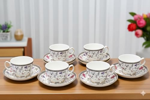 Image of Fine Bone China Multicolor Cups and Saucer with Golden Line, 180 ml Tea Cup Set of 6 Cup and Saucer Set for Tea Milk Coffee Chai, Teacup Set