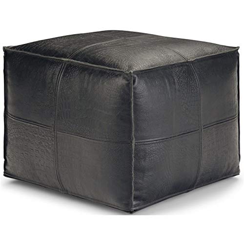 Trent Home Boho Square Pouf in Black Genuine Leather