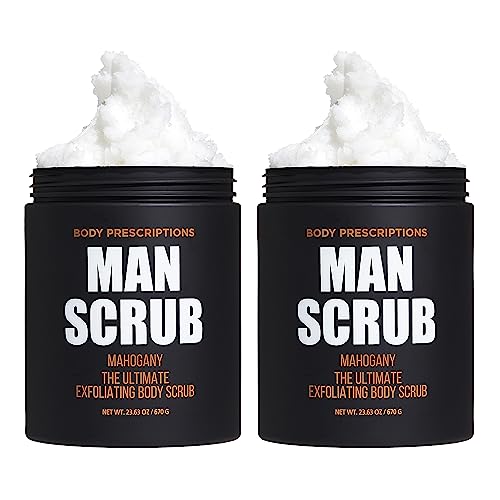Body Prescriptions Men’s Exfoliating Body Scrub – Ultimate Skin Cleansing Wash in Jar with Twist-Top Lid, For All Skin Types, 21 Ounce (Pack of 2), Mahogany