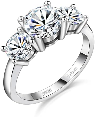 SheBorn 2 ct Moissanite Rings for Women 3 Stone Band Moissanite Engagement Ring 925 Sterling Silver 18K White Gold Plated Ring D Color VVS1 Round Cut Moissanite Rings Anniversary Wedding Ring Promise Ring for Her
