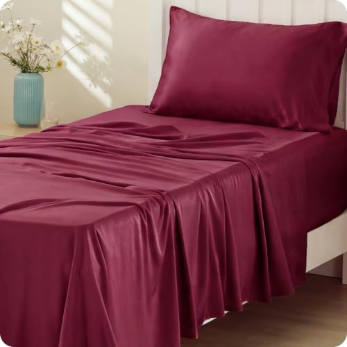 Image of Bedsure Cooling Sheets Twin, Rayon Derived from Bamboo, PureWoven, Breathable & Soft Twin Sheets Set, Deep Pocket Up to 16 Inches, Hotel Luxury Silky Bedding for Hot Sleepers, Burgundy