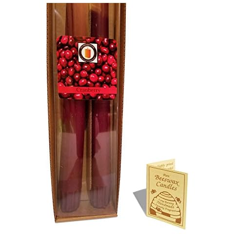 Hubbardston Candle Company 100% Pure Beeswax 10 inch Cranberry Scented Colonial Taper Candle Pair, Hand Poured Cover