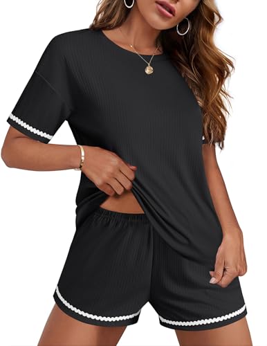 Image of Ekouaer Pajama for Women Sets 2 Piece Ribbed Knit Lounge Sets Pjs Shorts Summer Short Sleeve Sleepwear with Pockets