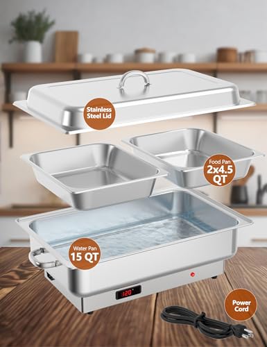Image of 2 Pack Electric Chafing Dish Buffet Set, 2 x 4.5 QT Stainless Steel Food Warmers with Digital Temperature Display, Buffet Servers & Warming Trays for Parties, Weddings, Catering
