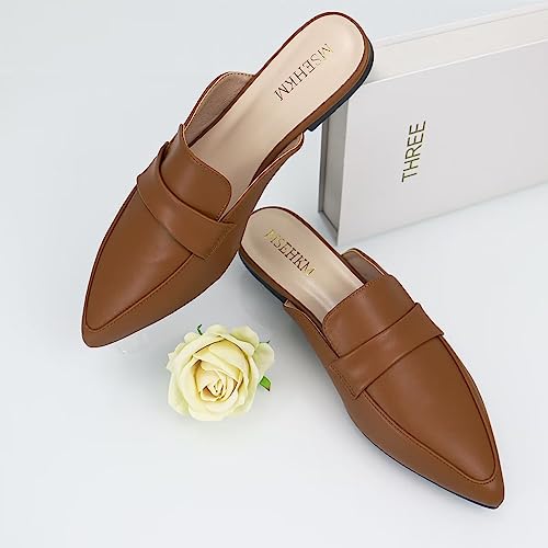 Msehkm Women's Mules Flats- Classic Pointed Toe Design With Comfortable Fit For Everyday Wear- Penny/Leather Slippers Loafers Brown 8 #TOP4