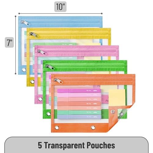 Image of Mr. Pen- Pencil Pouch for 3 Ring Binder, 5 Pack, 10 inchx7 inch, Smooth Zipper | Clear Window, Large Capacity Pencil Case with 3 Reinforced Grommets for School, Office, Supplies Storage | Clear Window, Large Capacity Pencil Case with 3 Reinforced Grommets for School, Office, Supplies Storage