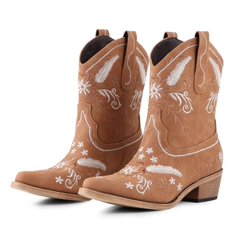 Image of LingxiaUne Cowboy Boots for Women Floral Cowgirl Boots with Pointed Toe and Chunky Heel Mid Calf Western Boot for Concert Festival Country Night Party