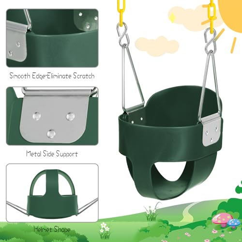 Toddler Swing Seat with Coated Chains, Heavy Duty Kids High Back Bucket Swing with Tree Straps and Hooks for Outdoor, Playground, Backyard, Swing Set Accessories by Domaker, Green - Thumbnail 3