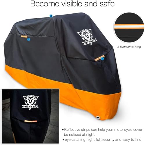 Image of XYZCTEM Motorcycle Cover - All Season Waterproof Outdoor Protection - Precision Fit up to 96.5 Inch Tour Bikes, Choppers and Cruisers - Protect Against Dust, Debris, Rain and Weather(XL,Black& Orange)