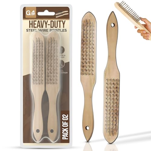 G4GADGET Wooden Wire Brush Set of 2 – 4 Row Steel Bristles for Rust Removal, Paint Cleaning, and Surface Pre-Treatment – Ideal for Metal, Wood, Stone & More