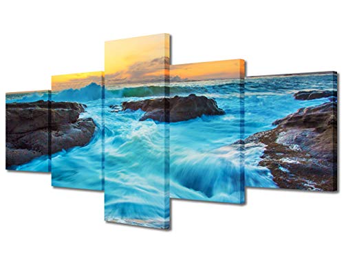 5 Panels Beautiful Natural Seatide and Seawave Scenery of Blue Ocean Wall Art on The Oregon Native American Pictures for Dinning Room Wall Decor Canvas Home Decor Painting with Framed