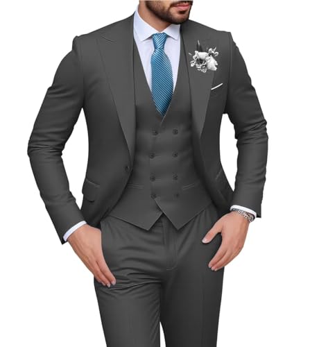 FSERJF Suits for Men Slim Fit Men's Suit Wedding Groom Formal Tuxedos 3 Piece Men Dress Suit Blazer Vest Pants Set Charcoal Large
