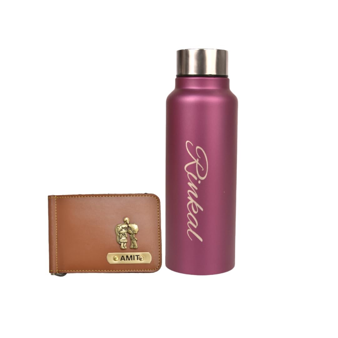 Vorak Ahimsa Your Gift Studio Personalized Vegan Leather Money Clip and Water bottle with Name | Unisex Money Clip Wallet | Customized with Name and Charm (Wine)-image-12