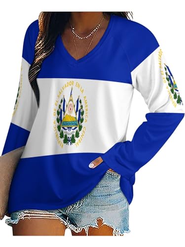 Camiseta Mujer Manga Larga Camisa Otoño Primavera Casual Bandera De El Salvador Blusa Cuello En V Sudadera Talla Grande Casual Tops Suave Y Confortable Túnica Tops