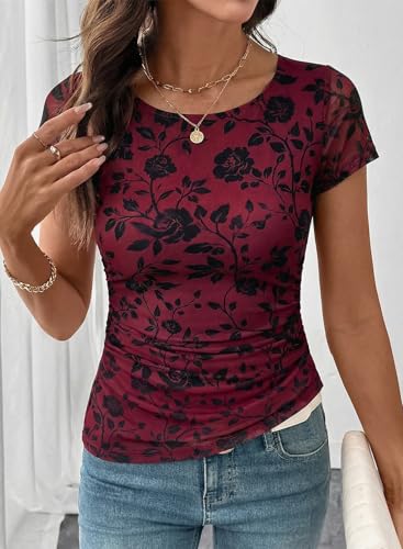 SHEWIN Womens Shirts Crew Neck Womens Short Sleeve Tops Casual Floral Mesh Top Women Lightweight Shirts for Women Pullover Spring Tops for Women,(US 4-6) S,Purple - image 2
