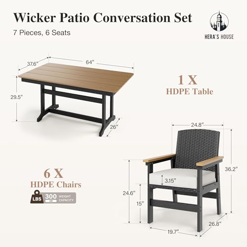 HERA'S HOUSE Patio Table and Chairs Set 7-Piece, HDPE Outdoor Dining Furniture Set with Cushions, All-Weather Wood Grain Table & Wicker Chairs for Backyard, Garden, Deck (Durable & Low Maintenance) - Image 3