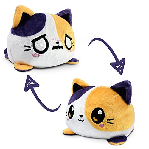 TeeTurtle | The Original Reversible Cat Plushie | Patented Design | Calico | Happy + Worried | Show Your Mood Without Saying a Word!