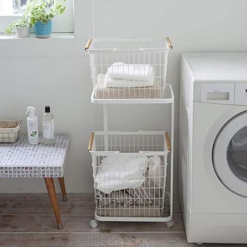 HOLMZCED 2 Tiers Rolling Laundry Basket with Wood Handles, Mobile Laundry Cart with Removable Basket Floor Laundry Hampers With Wheels White for Laundry Room Bathroom Bedroom