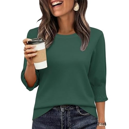Totatuit Women 3/4 Pleated Sleeve Sweaters Casual Crew Neck Lightweight Knit Sweater Top Loose Basic Business Clothes Forest Green X-Large