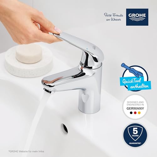 GROHE Swift, Waschtischarmatur, wassersparend (Wasserhahn für das Bad, Badarmatur mit Pop-Up Ablauf, 16cm hoch, mit 3in1 Werkzeug, einfache Installation am Waschbecken), chrom, 24318001