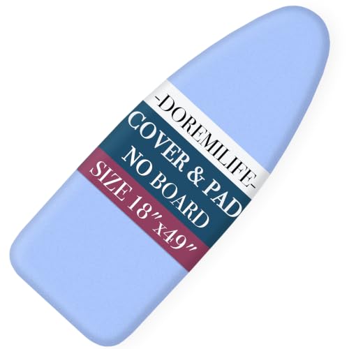 Image of Ironing Board Cover and Pad 18x49 Large, Extra Thick Natural Cotton, Silicone Coated, Scorch Resistant, Elastic Edge with Hook Loop Strap, Wide Iron Board Padding, Heatproof Blue