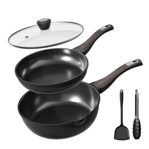 Image of Nonstick Cookware Set, Titanium Coating Pan Set, Induction Cookware Oven Safe RV Kitchen Set, PFAS PFOA & PTFE Free, (8+11Inch with Lid)