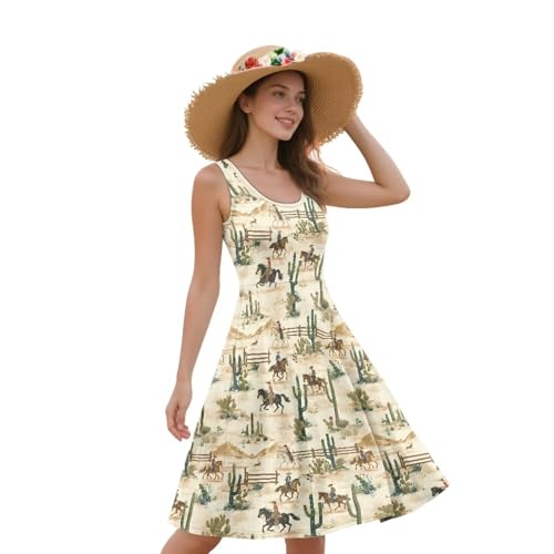 Image of Women Stylish Tank Dresses Sleeveless Round Neck Midi Casual Dress with Pocket for Summer