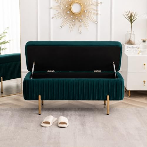 Image of LEGACY OF COMFORT Miajah Velvet Upholstered Flip Top Storage Bench 2 Seater Sofa Upholstered Ottoman Bench with Storage for Living Room, Bedroom (Dark Teal)