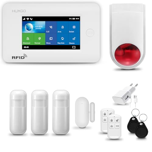 HUXGO® HXA006 Sistema di allarme casa senza fili con radio Sirena esterna WiFi + GSM | Impianto allarme casa kit con 1x sensori di allarme per finestre/portes, 3x rilevatori di movimento