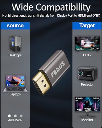 Image of FEDUS IEKON PRO PACK-2, 4K DisplayPort to HDMI Adapter, Unidirectional DP Male to HDMI Female Converter Cable (4K@60Hz, 2K@144Hz) Gold-Plated, Aluminum Shell for HP, Dell, GPU, PC,Monitor /TV /Projector