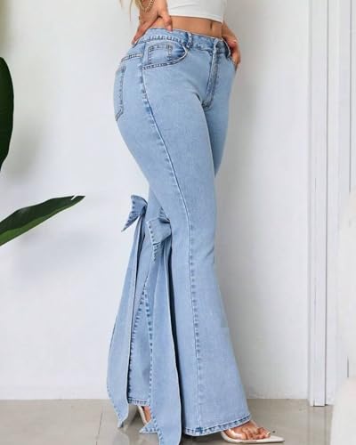 Women's Bow Bell Bottom Denim Pants High Waisted Flare Jeans Stretch Coquette Button Down Cowgirl Jeans4