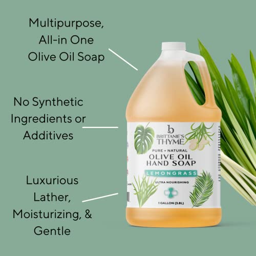 Brittanie's Thyme Organic Olive Oil Castile Liquid Soap Refill, 1 Gallon Lemongrass | Made With Natural Luxurious Oils, Vegan & Gluten Free Non-Gmo, For Face, Body, Dishes, Pets & Laundry #TOP2