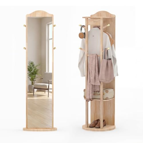 COSTWAY Miroir sur Pied, Grand Miroir avec Porte-Manteau, Base Pivotante à 360°, Cadre en Bois Massif, 2 Étagères de Rangement, 4 Crochets, Barre, pour...