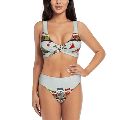 Maillot de bain deux pièces extensible motif chouettes imprimé séchage rapide pour femme