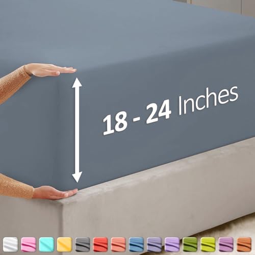 Image of Hearth & Harbor Extra Deep Pocket Queen Fitted Sheet - Fits 18 to 24 Inch Mattress - Ultra Soft 1800 Microfiber, Wrinkle-Free & Breathable - Hotel Luxury Fitted Sheet Only, Stone Blue
