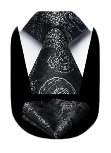 Image of HISDERN Extra Long Ties for Men Classic Floral Tie and Pocket Square Elegant Silk Necktie Handkerchief Set Wedding Party