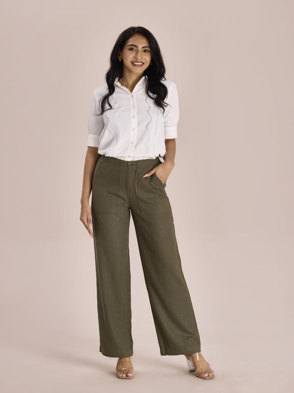 Image of GO COLORS Solid Linen Cargo Pants for Women | Full Length, Mid Rise, Side Pockets