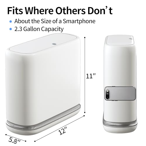 Image of Small Bathroom Trash Can with Lid, 2.3 Gallon Slim Trash Can, Narrow Garbage Can with Hidden Liner & Auto-Smooth Bag Fit, Press-to-Open Lid, White, for Bathroom, Bedroom, Office, Kitchen