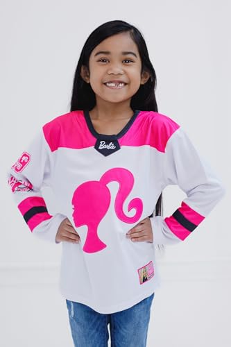 Barbie Little Girls Mesh Hockey Jersey Long Sleeve T-Shirt Pink/White 7-8 - image 6