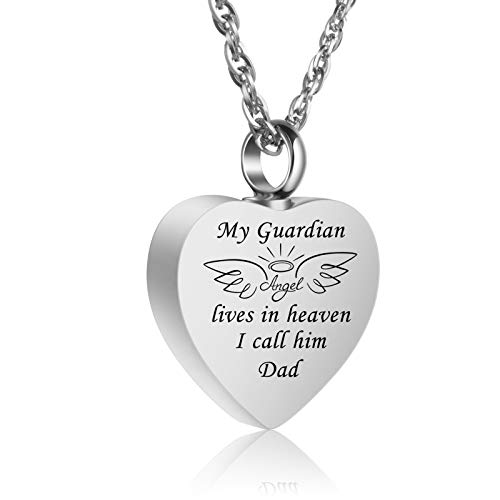 BGAFLOVE Heart Cremation Urn Necklace for Ashes Urn Jewelry, Carved Locket Stainless Steel Keepsake Waterproof Memorial Pendant- My Guardian Angel Lives in Heaven I Call him Dad