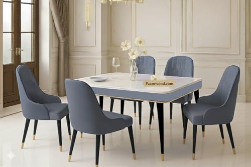 Image of Swiss Modern Dining White Marble Top Table Set with Sheesham Wood Legs, 6 Seater with Upholstered Chairs (71x36x30 Inches) (Grey)