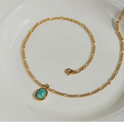Unilogue Mint Green Oval Natural Stone Holiday Style Roman Amazonite 18K Gold Plated Titanium Steel Necklace Choker Chain #TOP6