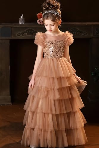 Sequin Flower Girl Dress for Wedding Ruffles Sleeves Pageant Dresses for Girls Layered Tulle Prom Dresses for Girls Gold-103