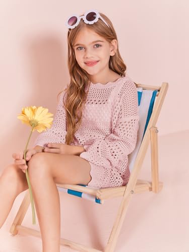 Image of Batermoon Girls Crochet Long Sleeve Swimsuit Cover Up Kids Fashion Hollow Out Swimwear Beach Dress 5-14 Years